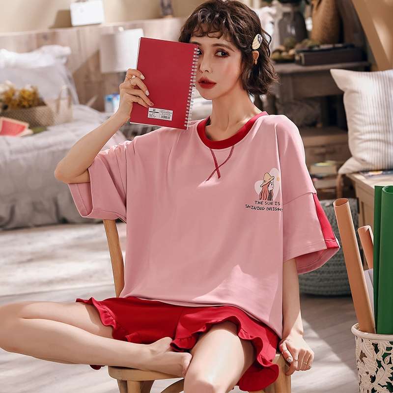 Ladies in summer, short-sleeved cotton, cute home wear, shorts, two-piece set, thin style, spring and autumn, large size for going out details Picture