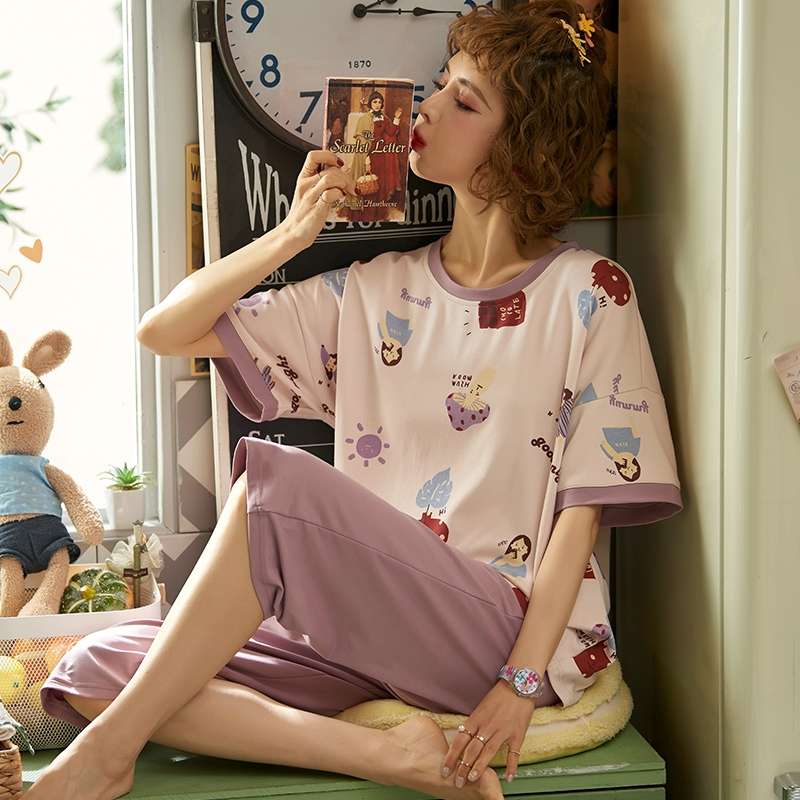 Pure cotton two-piece pajamas for women, spring and autumn short-sleeved capri pants, autumn and winter for women, and summer for wearing thin home wear as an outer layer details Picture