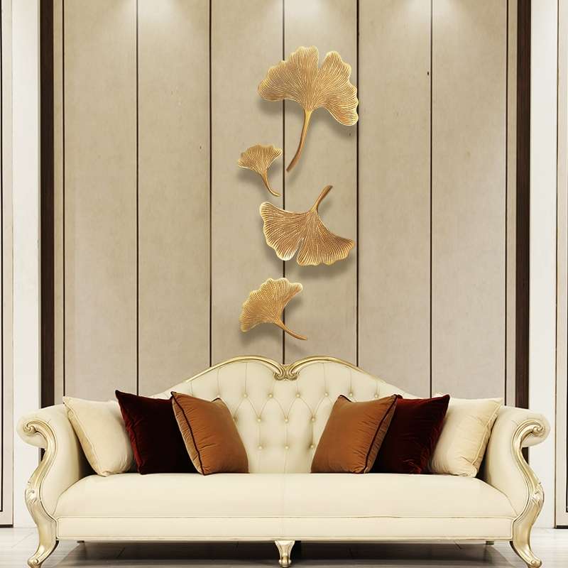 轻奢风装饰 卧室银杏叶金色壁饰 简约现代沙发背景墙墙饰创意酒店产品图