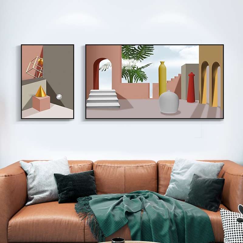 北欧文艺复古抽象建筑装饰画客厅沙发风景客厅组合画拱门挂画撞色细节图
