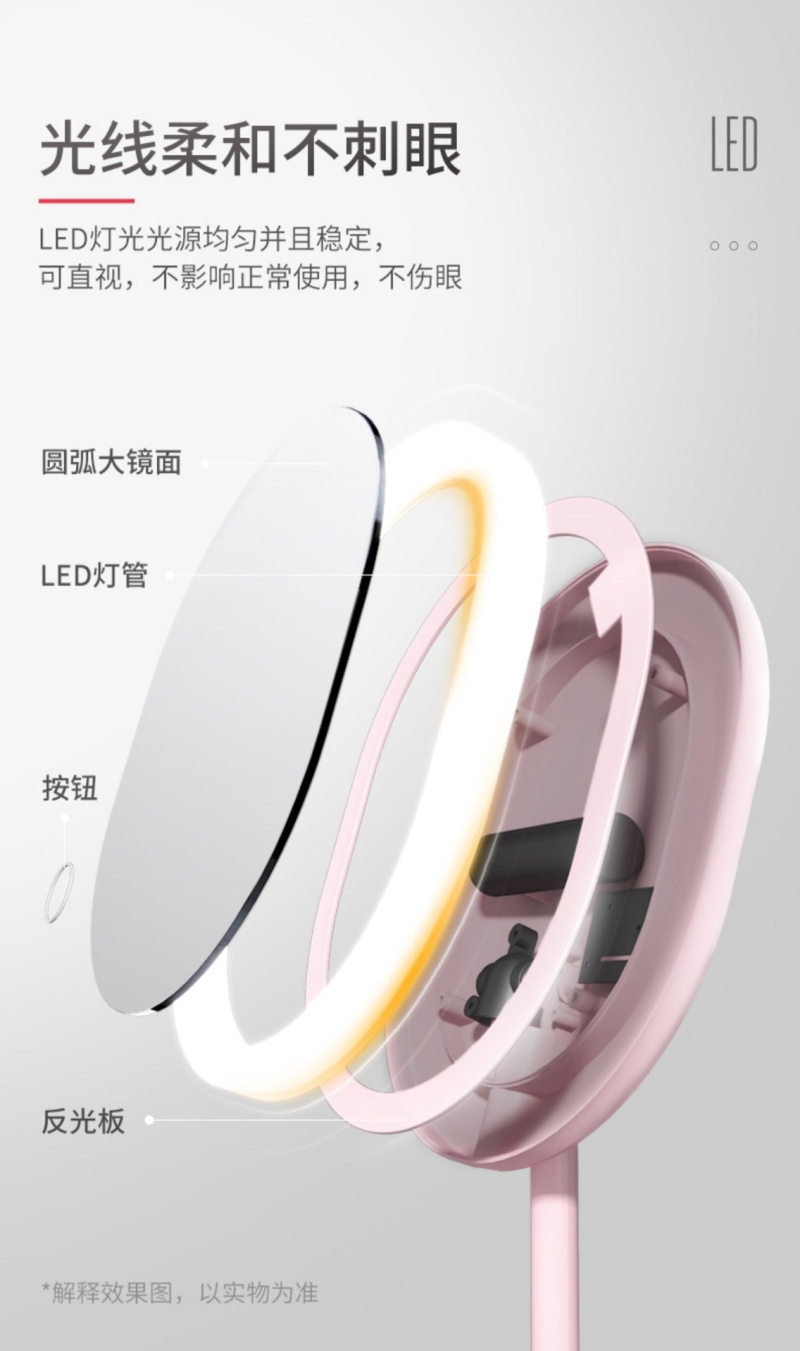 LED化妆镜带补光灯宿舍桌面台式梳妆镜可折叠网红便携式镜子白底实物图