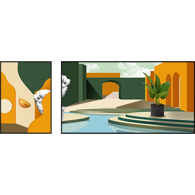 北欧文艺复古抽象建筑装饰画客厅沙发风景客厅组合画拱门挂画撞色白底实物图