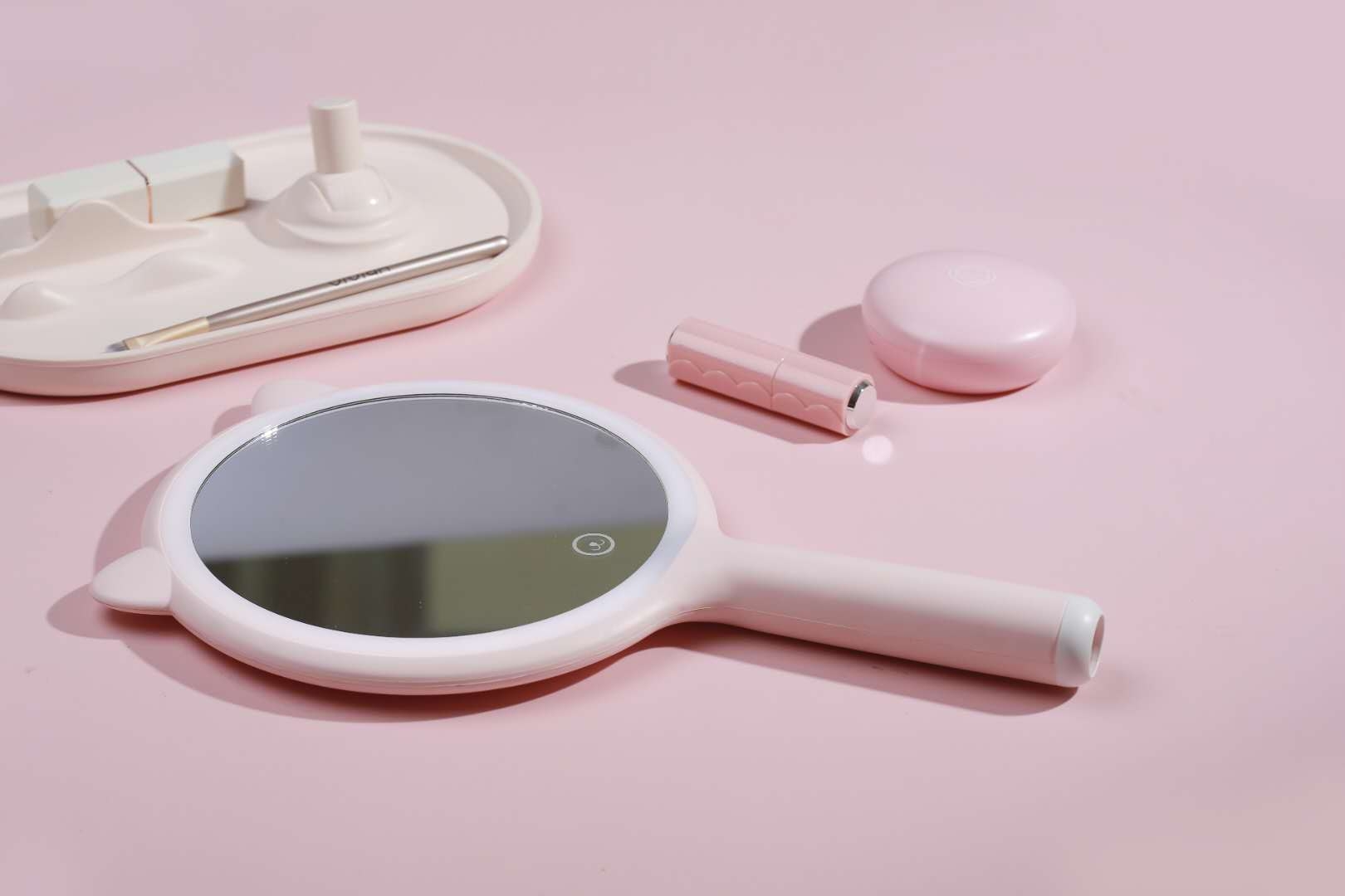 镜子化妆镜台式LED带补光宿舍桌面网红充电便携式智能手持镜大号双面梳妆镜白底实物图