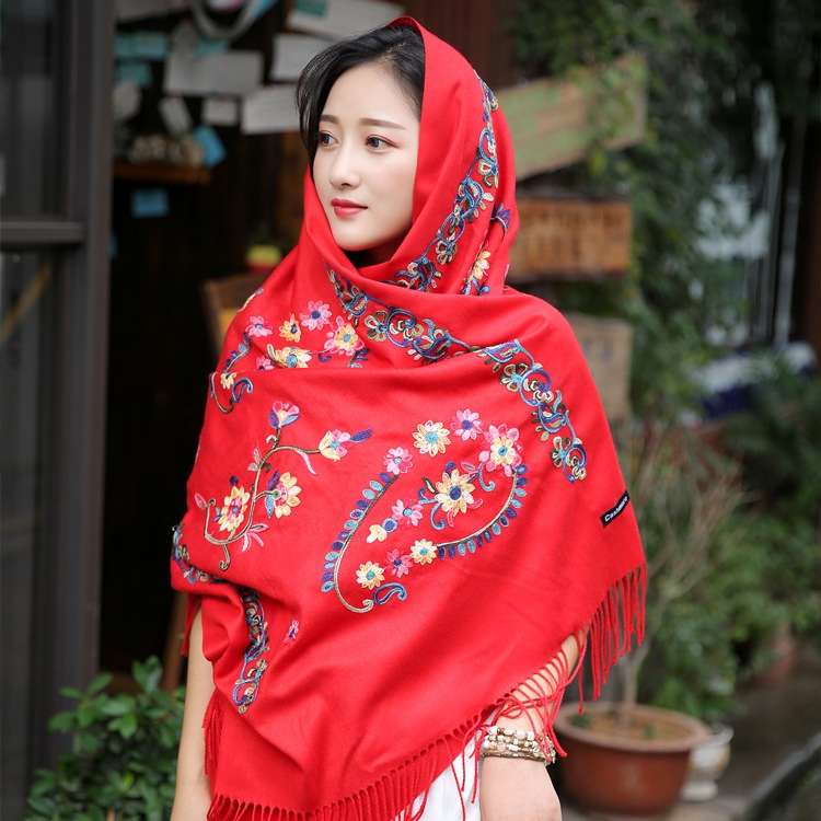 New ethnic-style embroidered cashew cashmere scarf for autumn and winter, versatile and warm embroidered cashmere fleece shawl
