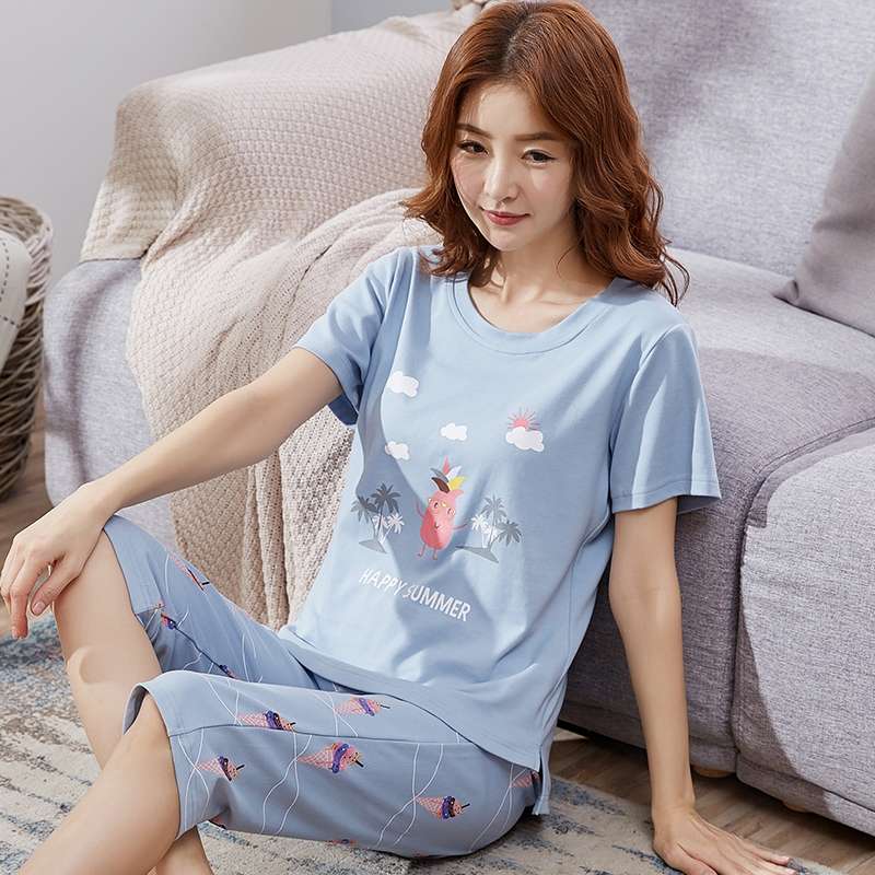 纯棉两件套睡衣女春秋短袖七分裤秋冬女士夏季可外穿薄款装家居