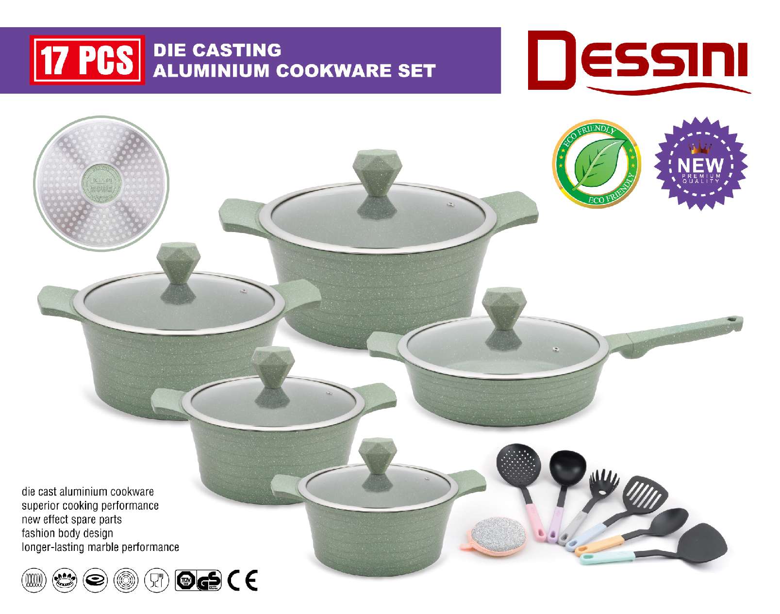dessini brand's new 17-piece set of aluminum die-cast non-stick POTS, marble soup POTS, granite frying POTS and noodle POTS, 17 pieces undefined