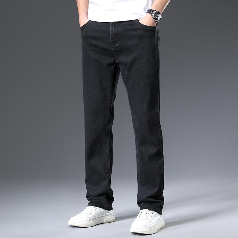 Spring black jeans, straight slacks, micro stretch, plain black, versatile, mid-waist spring and autumn trousers for men thumbnail