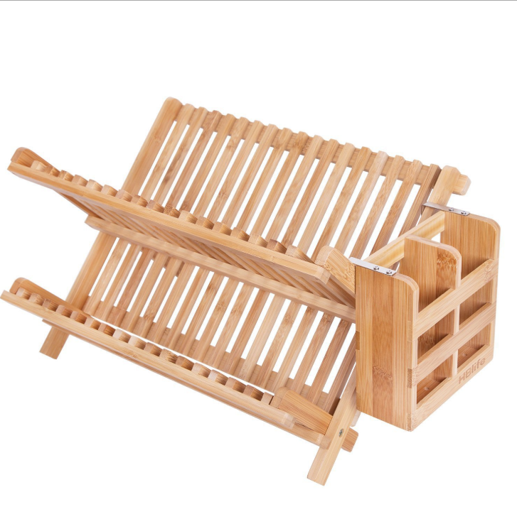 亚马逊爆款折叠沥碗架创意竹制碟盘沥水架家用双层晾碗架置物架详情图3