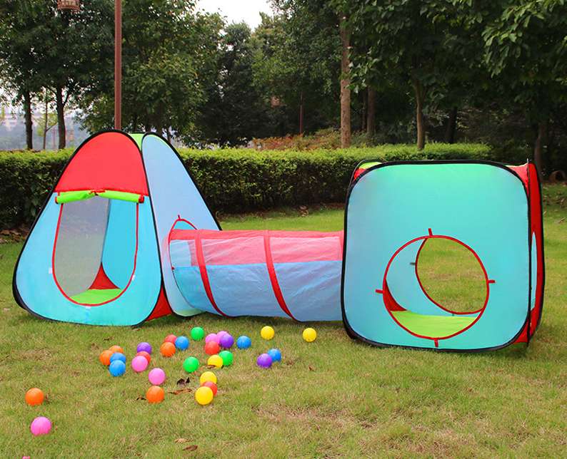 Children's outdoor color-blocking modular toy house, portable and foldable three-piece set with tunnel indoor tent play house