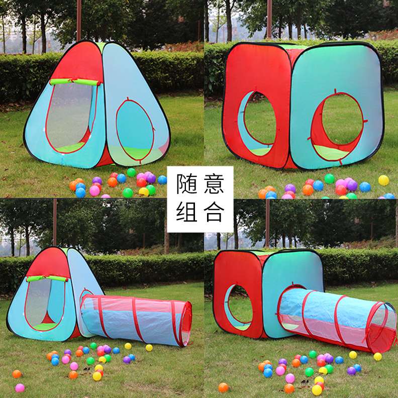 Children's outdoor color-blocking modular toy house, portable and foldable three-piece set with tunnel indoor tent play house details Picture