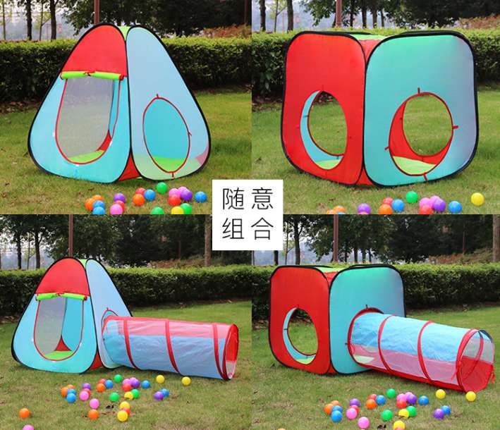Children's outdoor color-blocking modular toy house, portable and foldable three-piece set with tunnel indoor tent play house detail image 6
