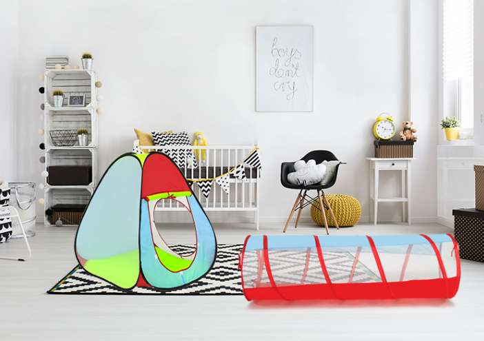 Children's outdoor color-blocking modular toy house, portable and foldable three-piece set with tunnel indoor tent play house detail image 4