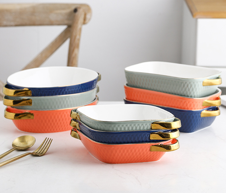 Nordic double-ear baking tray, ceramic creative, Phnom Penh cheese baked rice plate, Western plate, salad bowl, microwave oven plate and bowl detail image 1