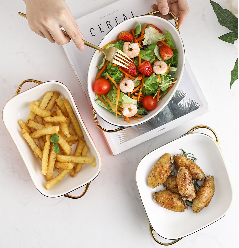 Nordic double-ear baking tray, ceramic creative, Phnom Penh cheese baked rice plate, Western plate, salad bowl, microwave oven plate and bowl detail image 2