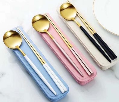 粉色304不锈钢金筷勺两件套创意筷子勺叉子套装 便携餐具三件套