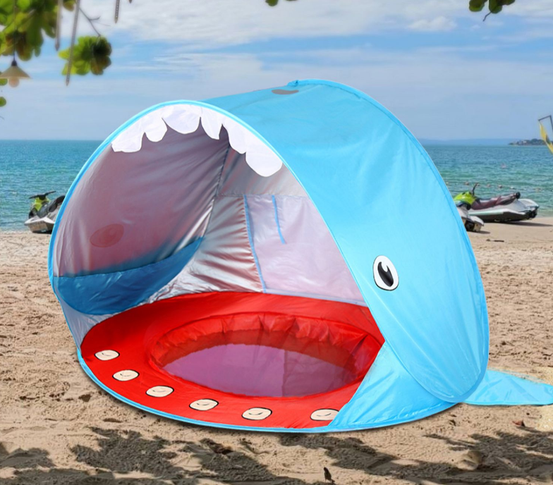 The children's beach tent is a new blue whale small tent that can be thrown away without installation. It has a play room and can be used for water play detail image 2