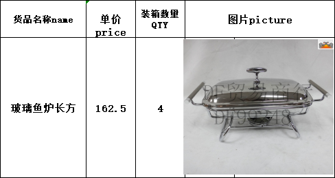 DF99248     玻璃鱼炉长方豪华系列不锈钢固体酒精炉高档酒店玻璃烤鱼炉商用多功能DF TRADING HOUSE详情6