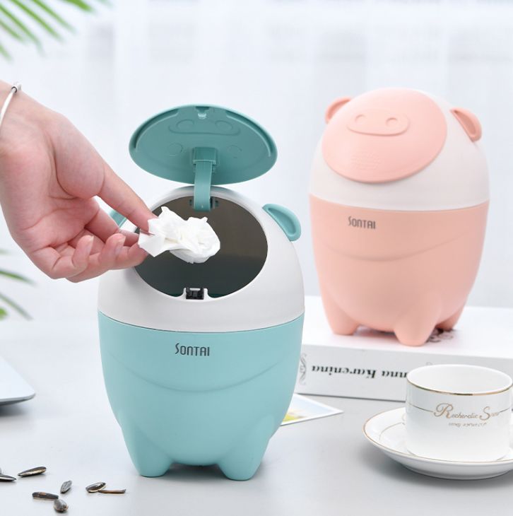 Creative cartoon cute pig desktop trash can, push-type large-capacity multi-functional compact classified trash can Application Scenario