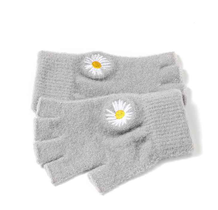 Winter simple Korean-style warm and cute little Daisy dew finger woolen gloves, women's half-finger gloves Item Picture