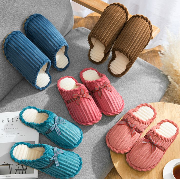 Cotton drag winter home warm non-slip wick fluffy slippers cute bow couple home cotton slippers