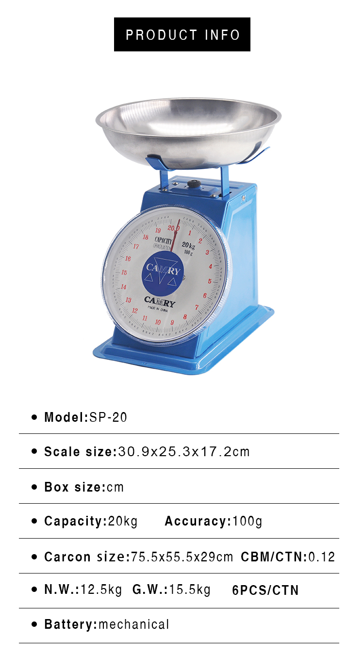 CAMRY Xiangshan SP-20 degree platform scale with stainless steel tray, mechanical spring scale, single and double scale, 20KG/LBS detail image 1