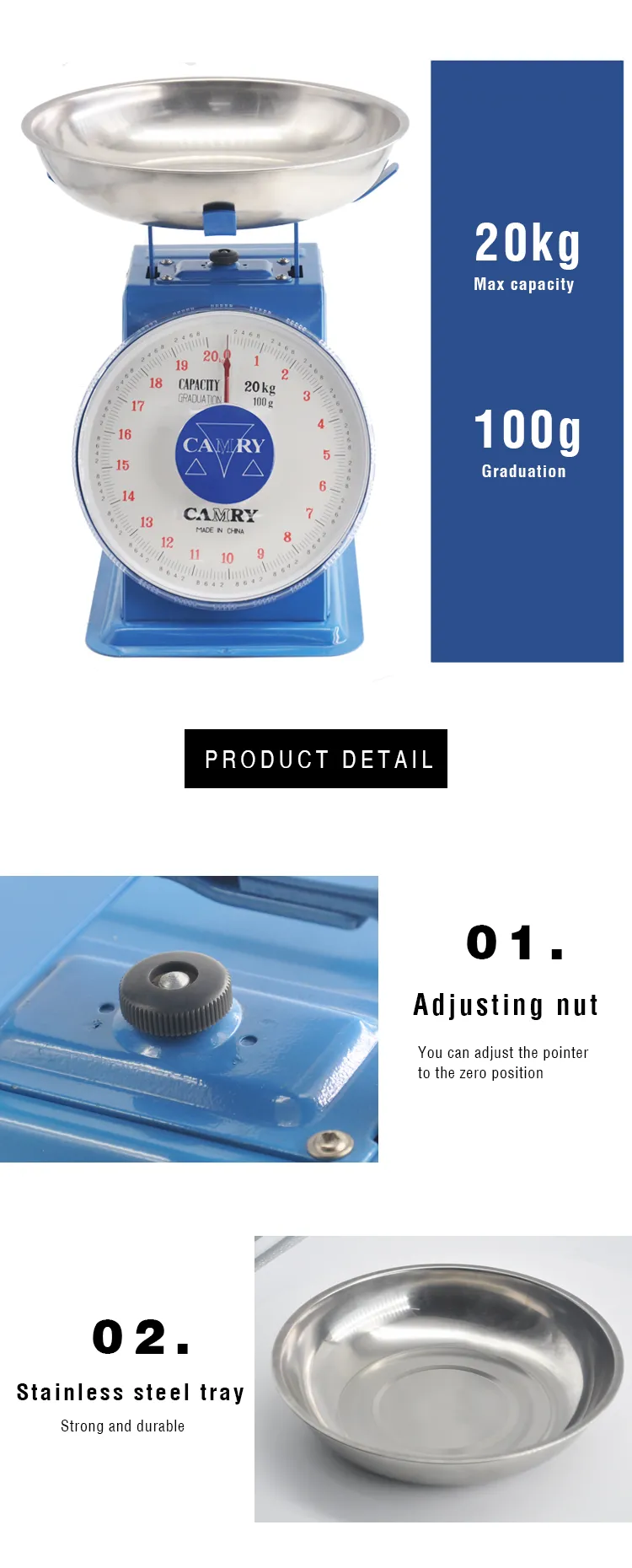 CAMRY Xiangshan SP-20 degree platform scale with stainless steel tray, mechanical spring scale, single and double scale, 20KG/LBS detail image 6