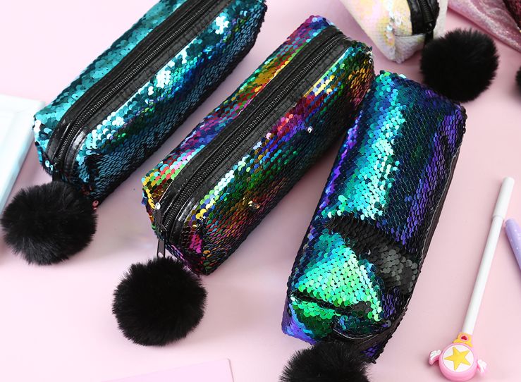 Mermaid glitter bag Student Glitter Hairball pen bag Girl two-tone glitter hand makeup bag girl