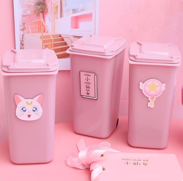 Cute pink pen holder, desktop storage, pen holder with lid, plastic bucket, trash can gift