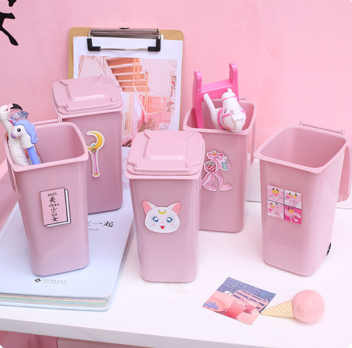 Cute pink pen holder, desktop storage, pen holder with lid, plastic bucket, trash can gift detail image 2