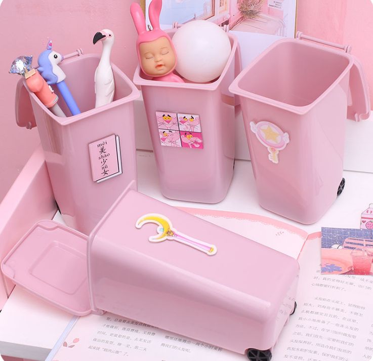 Cute pink pen holder, desktop storage, pen holder with lid, plastic bucket, trash can gift Specification image