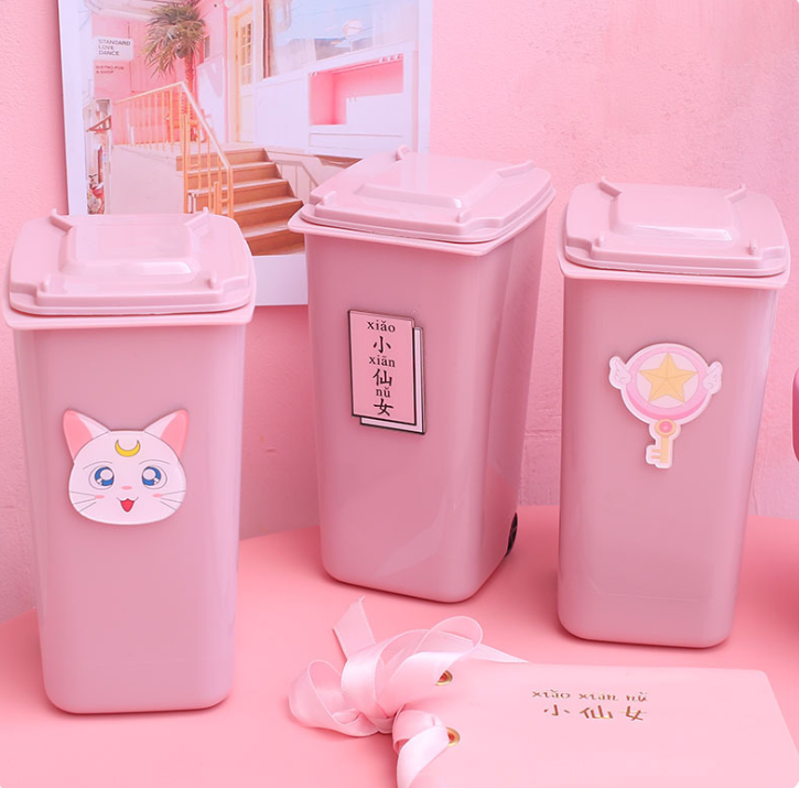Cute pink pen holder, desktop storage, pen holder with lid, plastic bucket, trash can gift detail image 1