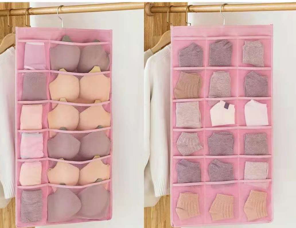 Double-Sided Storage Hanging Bag Underwear Socks Storage Bag 24 Grid Fabric Transparent Storage Bag
