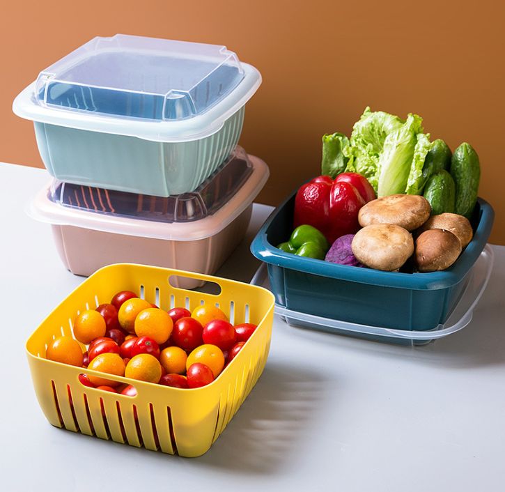 家用双层沥水篮子厨房大号洗蔬菜筐水果盘带盖防尘保鲜塑料收纳篮图