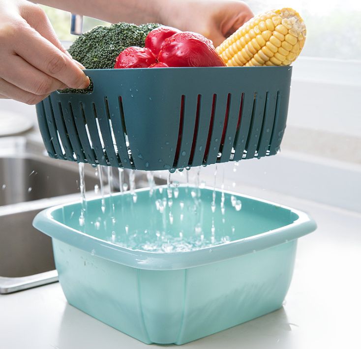 家用双层沥水篮子厨房大号洗蔬菜筐水果盘带盖防尘保鲜塑料收纳篮产品图