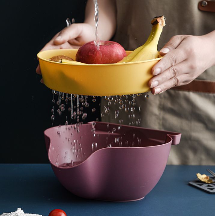 双层沥水篮家用网红水果盘厨房洗菜盆塑料果蔬带手机支架瓜子盆白底实物图