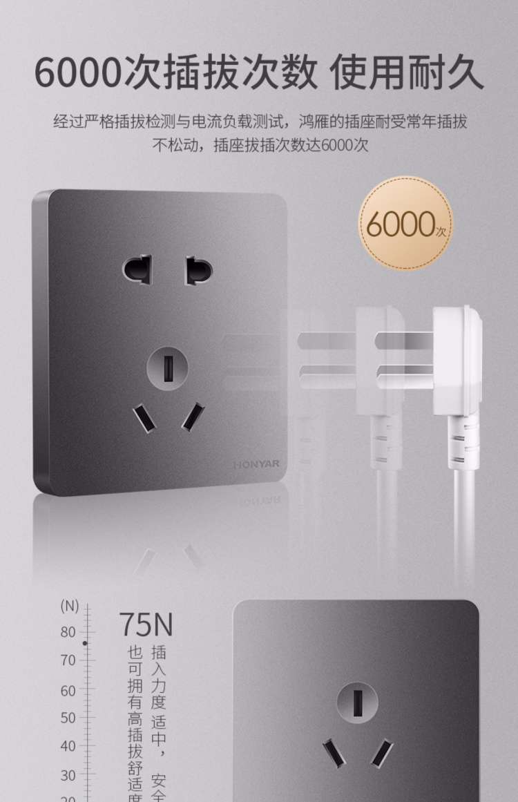 Hongyan 86 Model X5 Series four-way dual-control switch socket panel, household gray and black Delixi Bull, Chint legrand Quality choice pic 5