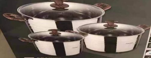 A high-end set of 3-piece stainless steel pot with wood-grain handles