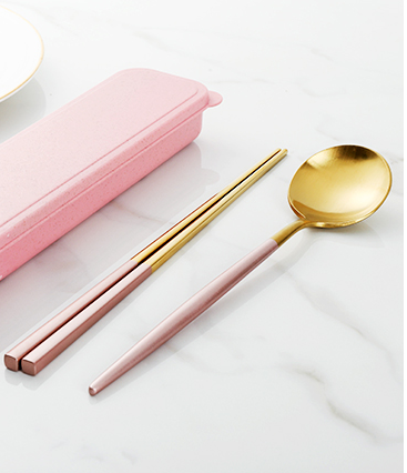 粉色304不锈钢金筷勺两件套创意筷子勺叉子套装 便携餐具三件套详情图2