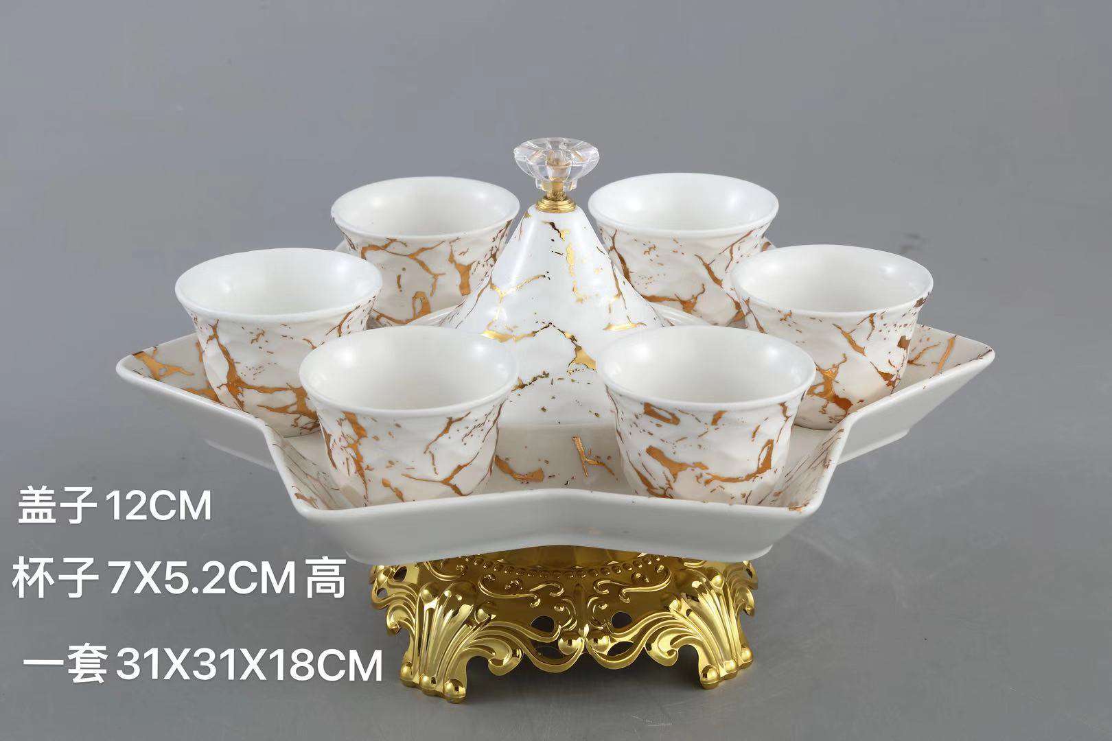 大理石纹陶瓷杯套装外贸精品陶瓷咖啡杯套装带盖带托盘图