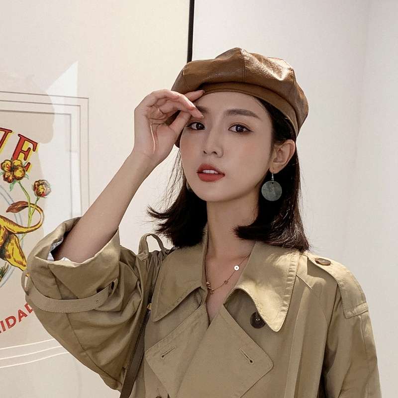 Instagram Star Octagonal Beret Pu Leather British Japanese Artist Hat Female Autumn Winter Korean Version Of Fashion full figure