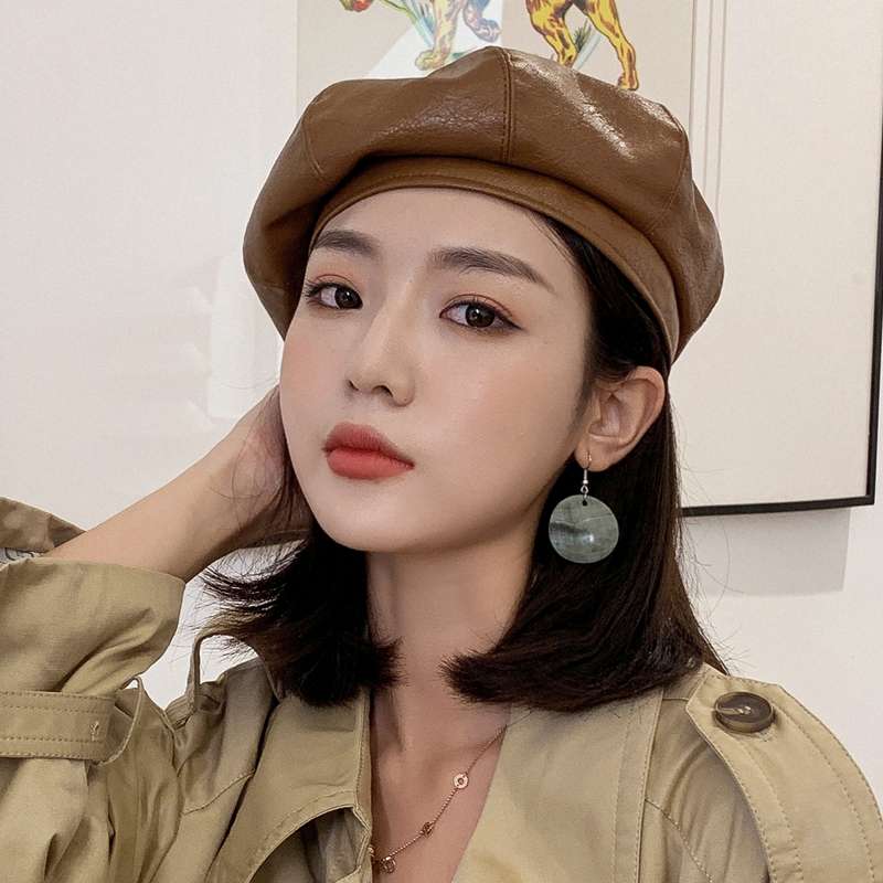 Instagram Star Octagonal Beret Pu Leather British Japanese Artist Hat Female Autumn Winter Korean Version Of Fashion