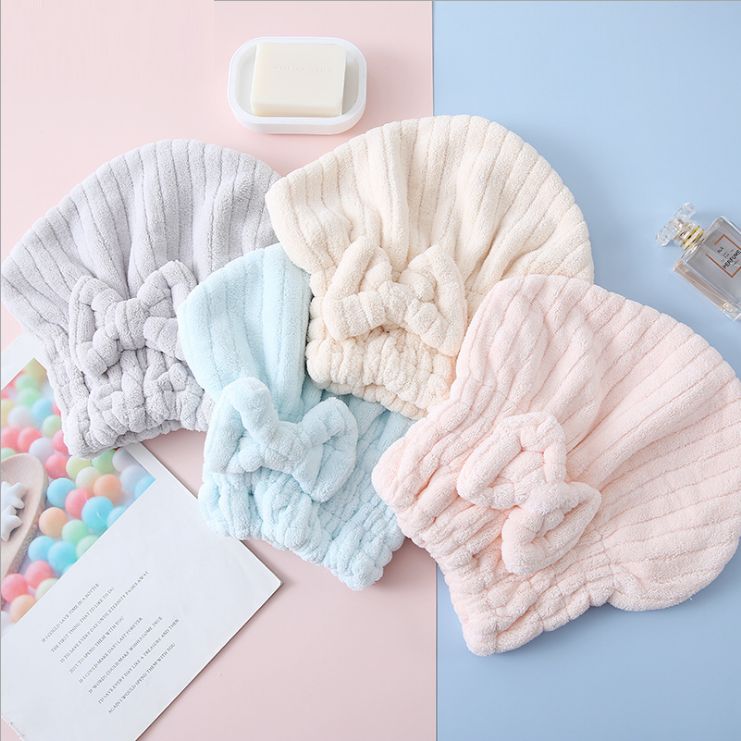 Japanese striped Princess hat Ladies absorbent quick dry towel coral velvet bow cute dry hair cap shower cap thumbnail