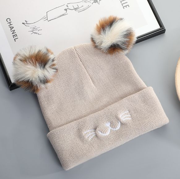 New fashion hairball ear knitted hat cute cartoon cat adult hat outdoor windproof warm casual hat details Picture