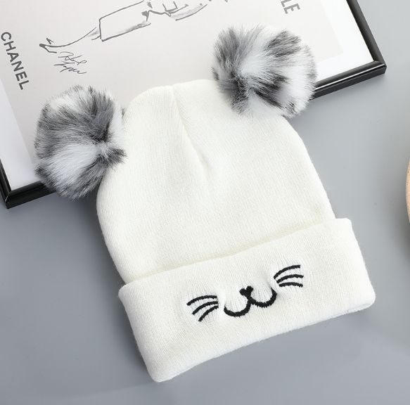 New fashion hairball ear knitted hat cute cartoon cat adult hat outdoor windproof warm casual hat full figure