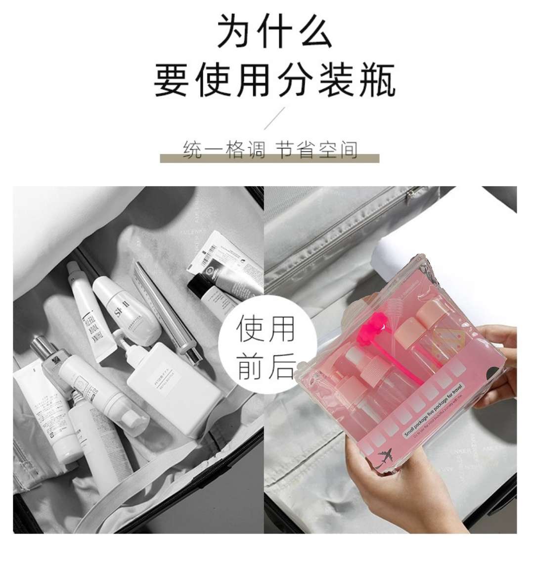 旅行分装瓶细雾喷瓶化妆品飞机化妆品分装瓶旅行套装空瓶便携旅行化妆品分装瓶套装可上飞机护肤品乳液小样塑料空瓶子袋装详情图3