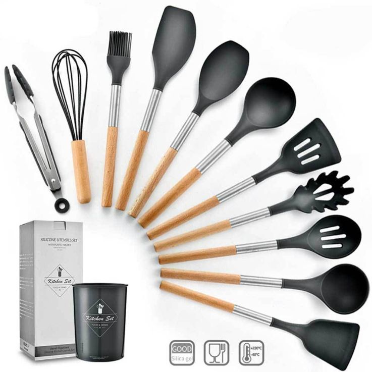Half wood half pipe handle high temperature resistant silicone kitchen utensils 11 sets with storage bucket Stainless steel wooden handle kitchen utensils
