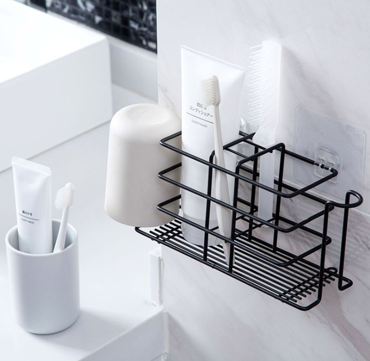 Bathroom perforation-free suction wall toothbrush holder Tiktok Iron toothbrush holder Bathroom toothbrush and toothpaste holder