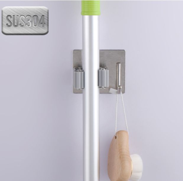 1-clamp 1-hook mop rack storage room mop and broom storage rack, 304 stainless steel mop clamp details Picture