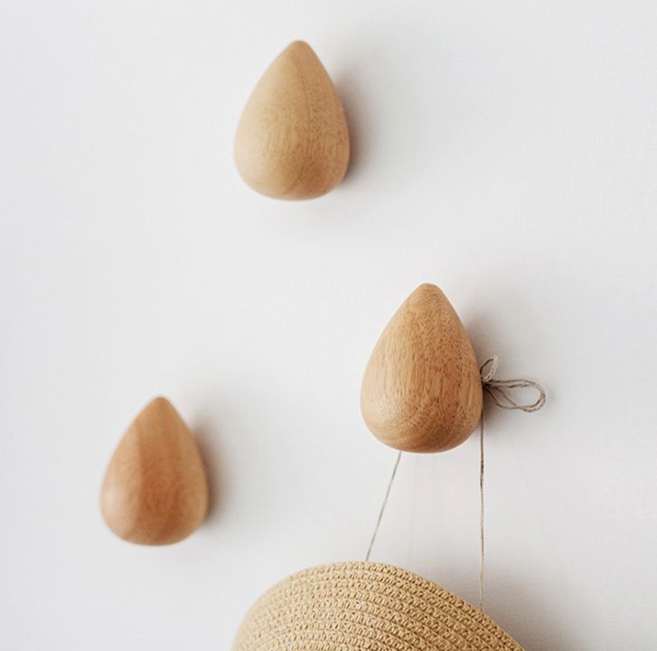 Nordic solid wood hook creative water drop wall hook wall wall wooden coat hook bedroom coat and hat hook free punching