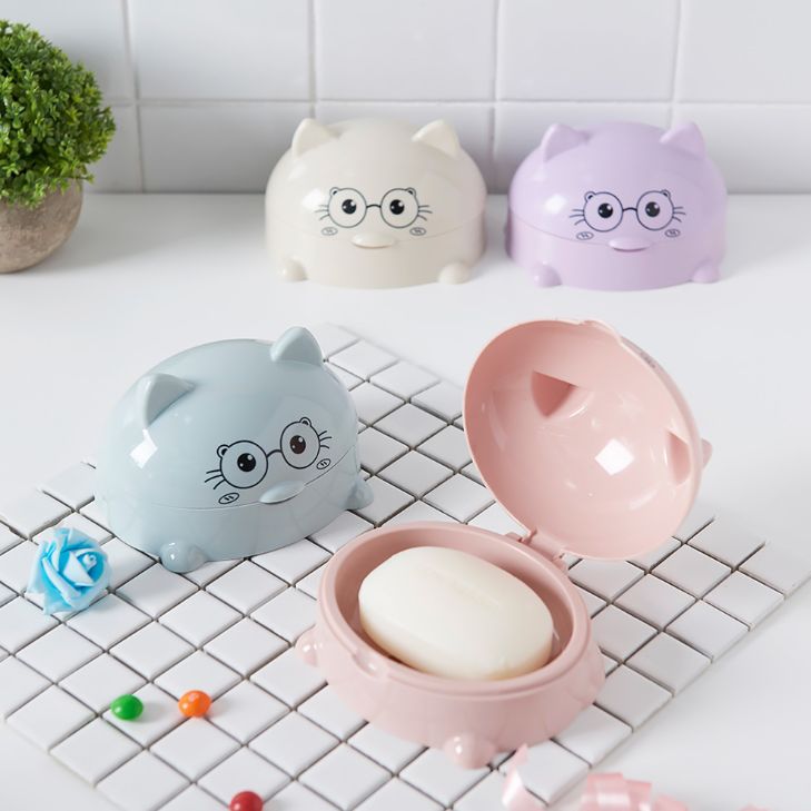 Cartoon Soap Box with lid Portable bathroom drain soap tray Soap holder Creative children's soap box cute